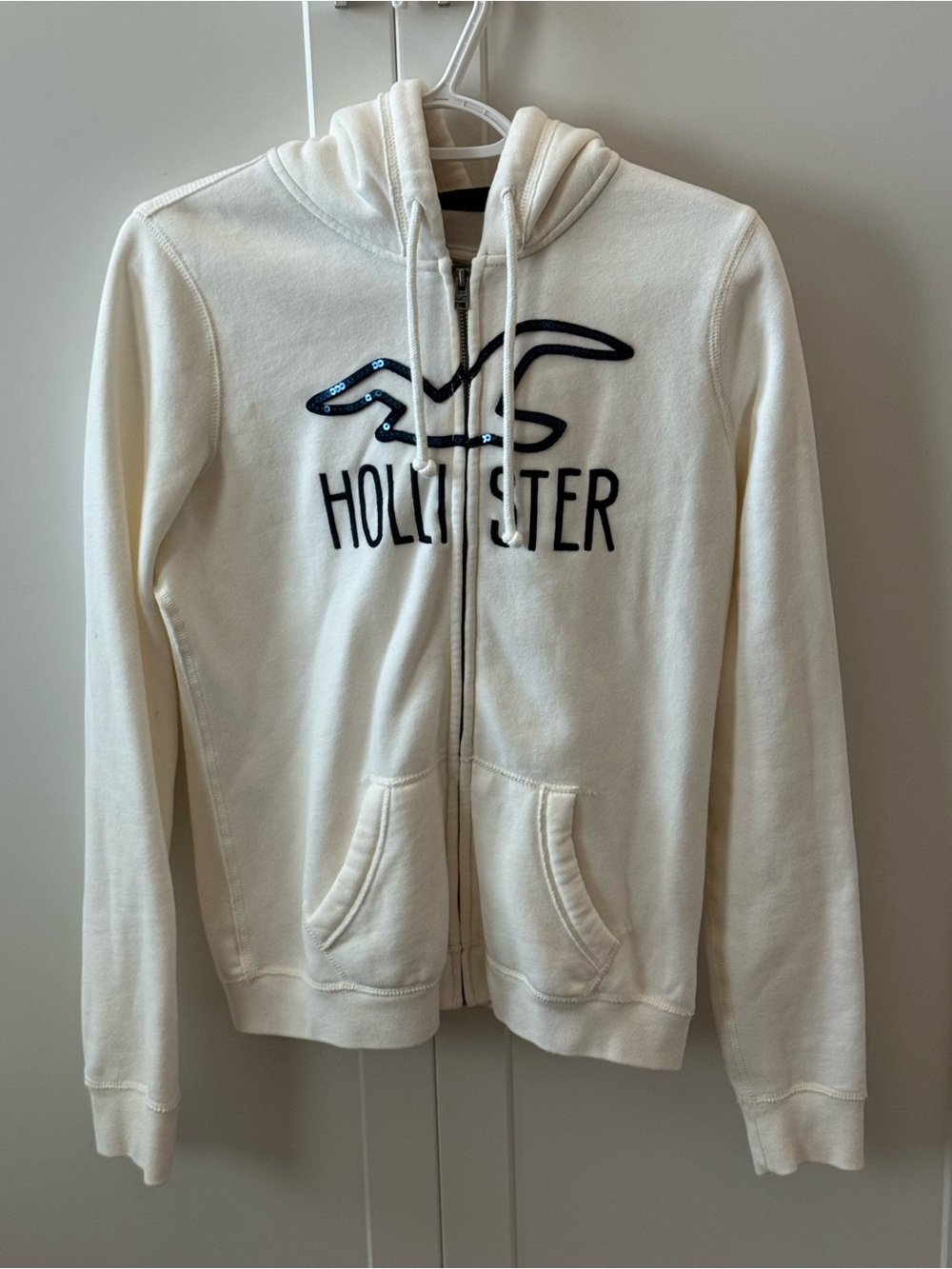 Hollister 2009 White Full Zip Hoodie Navy Sequin Logo Women’s Large NWOT